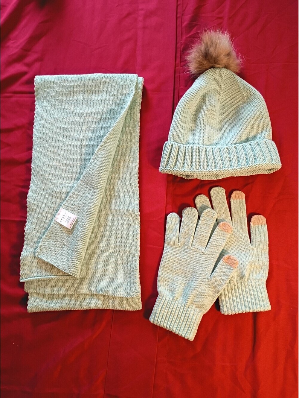 Serra Light Blue Knit Winter Set - Scarf, Beanie with Pom, and Gloves